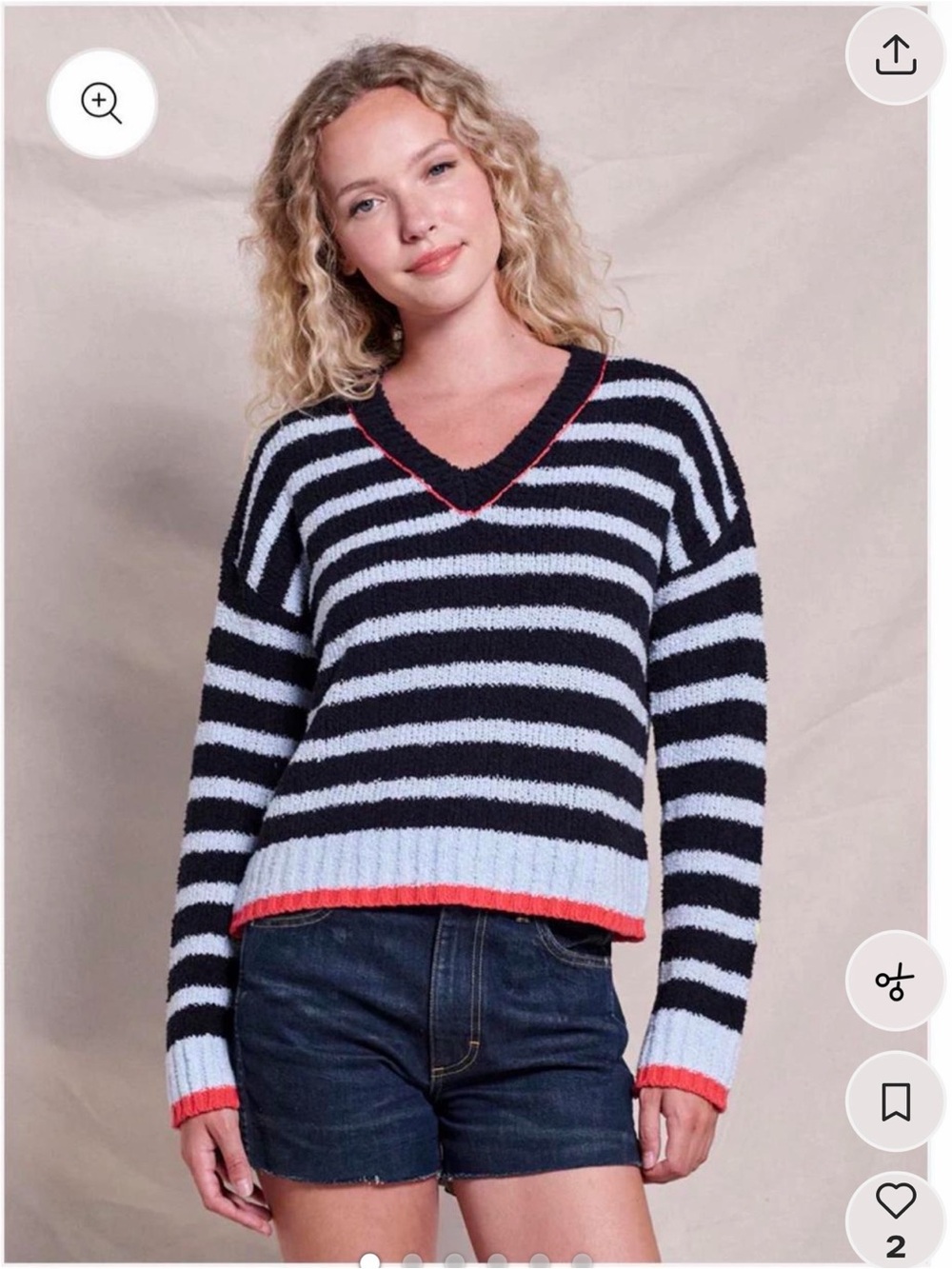 Anthropologie Sundry Striped V-Neck Sweater in Black, Light Blue & Coral Trim L